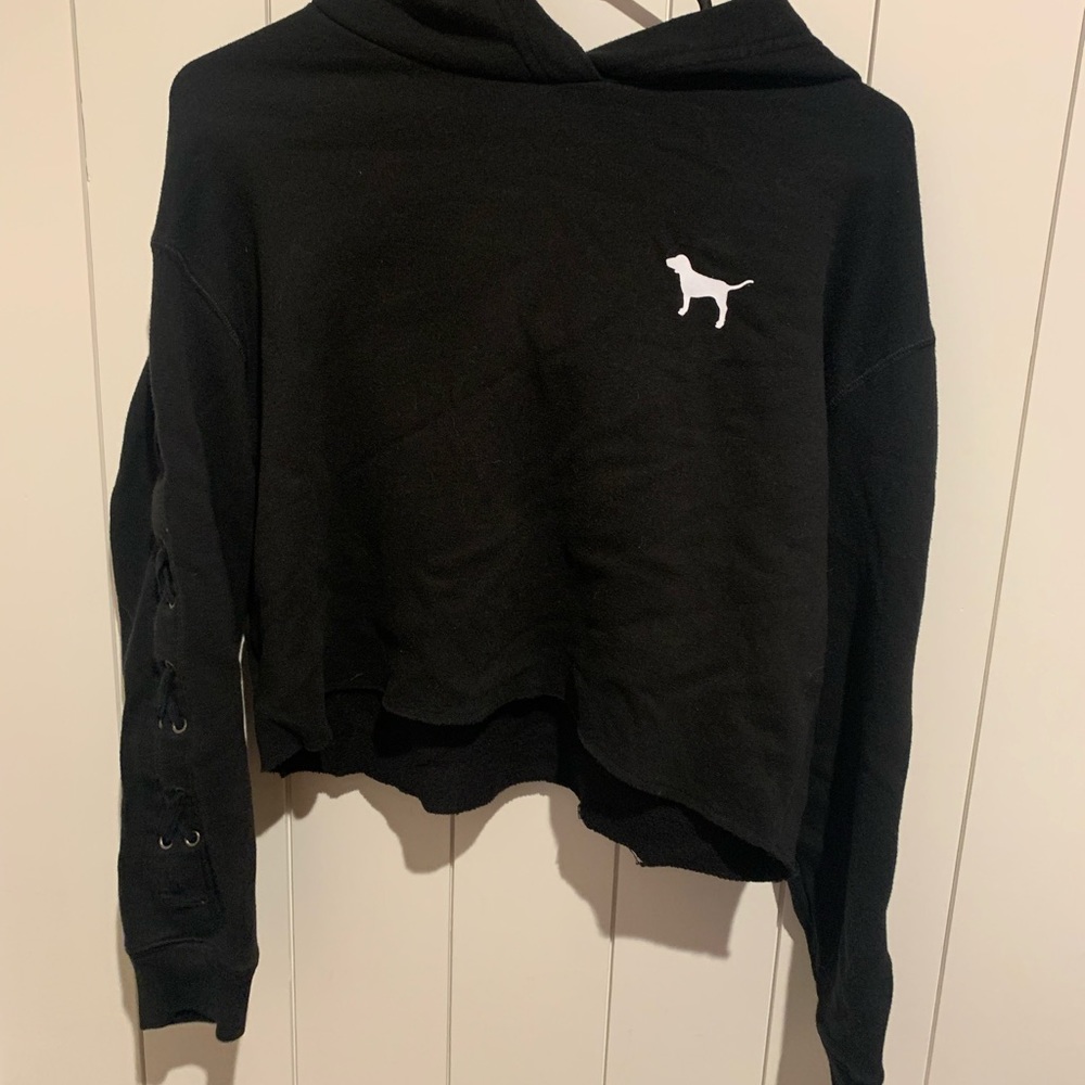 PINK Cropped Black Hoodie